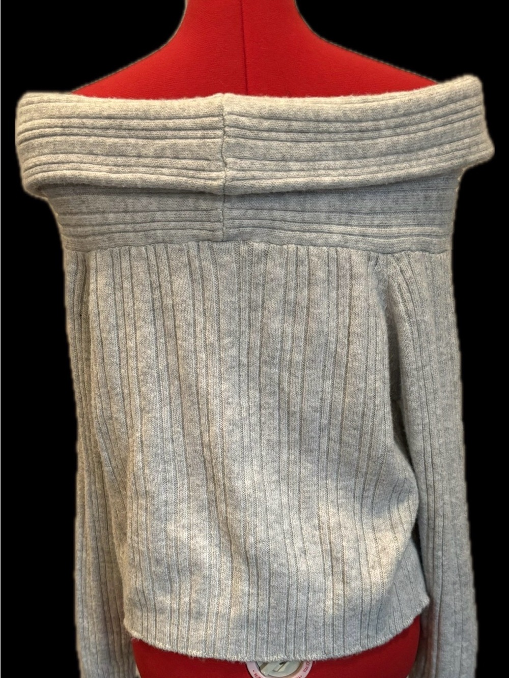 Off-the-Shoulder Ribbed Light Gray Sweater - Picture 2 of 4